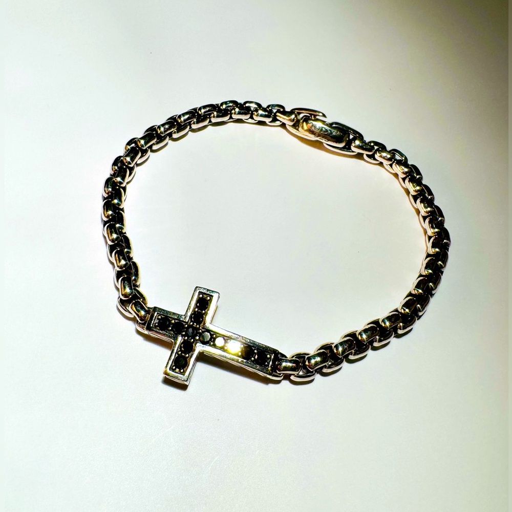 David Yurman Cross Station Bracelet Sterling Silver with Black Diamonds, 5mm 8”
